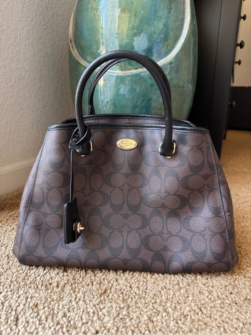 Coach Brown Signature Canvas Satchel with Black Leather Handles